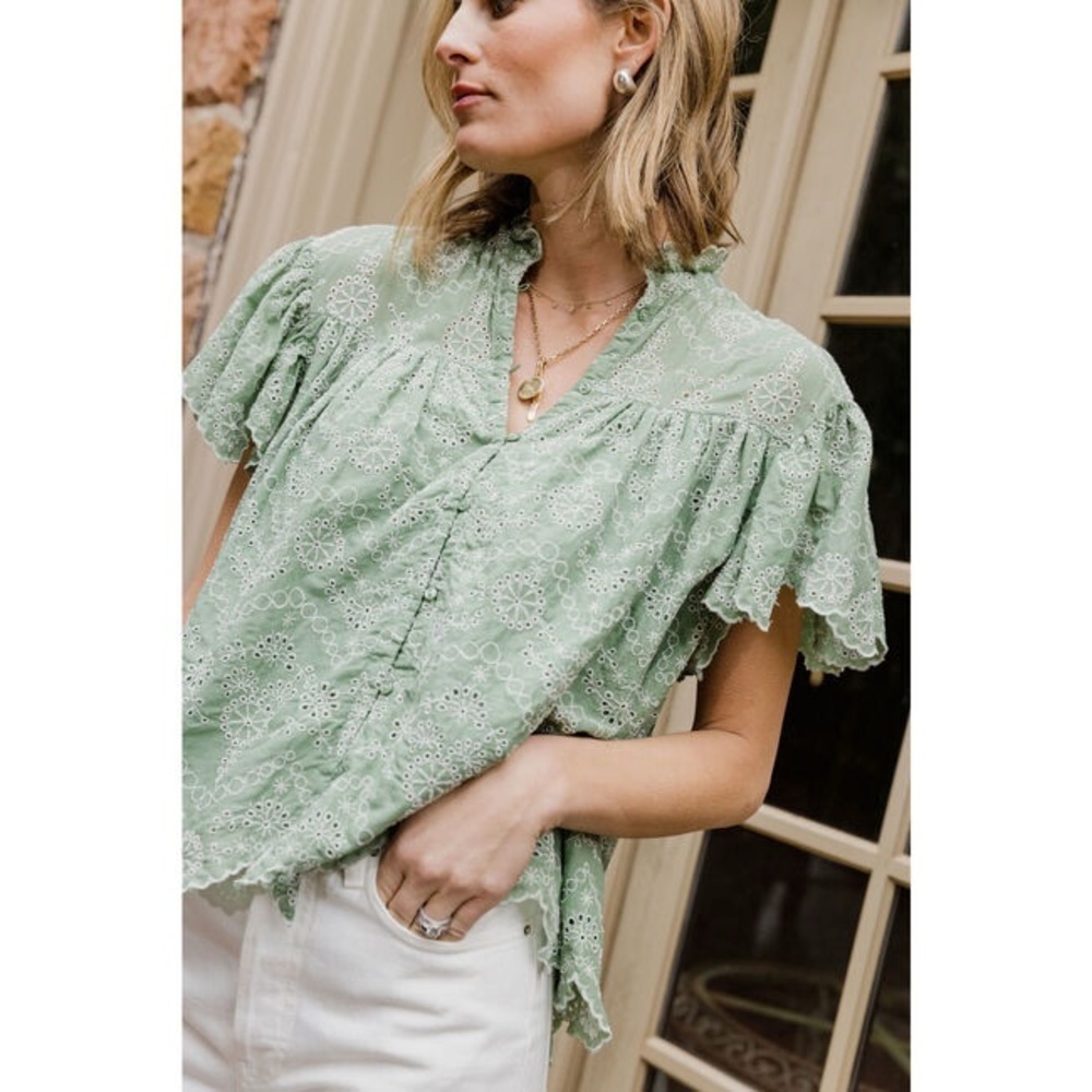 Baybala Green Eyelet Flutter Sleeve Blouse Cotton Large